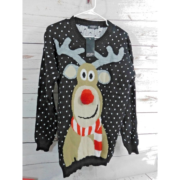 Remel London Sweaters - Remel London Black Christmas Rudolph Sweater Size Large Red Pom Pom Nose "Ugly"